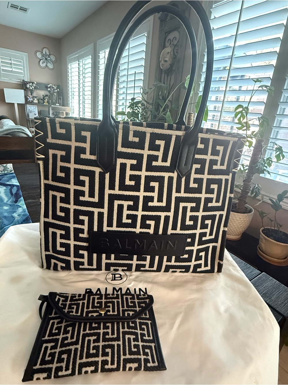 BALMAIN B-army Monogram Canvas Tote Bag
